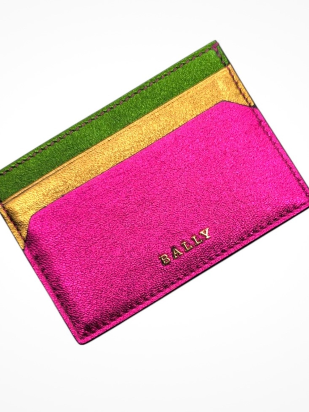 Bally Metallic Pink, Gold & Green Slim Card Case - Picture 3 of 5